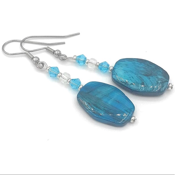 Blue Shell Dangle Earrings Handmade - Picture 1 of 4